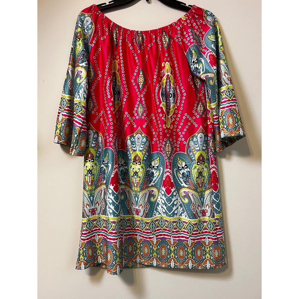 Women's 2XL Red Paisley Print Off Shoulder Bell Sleeve‎ Tunic Dress